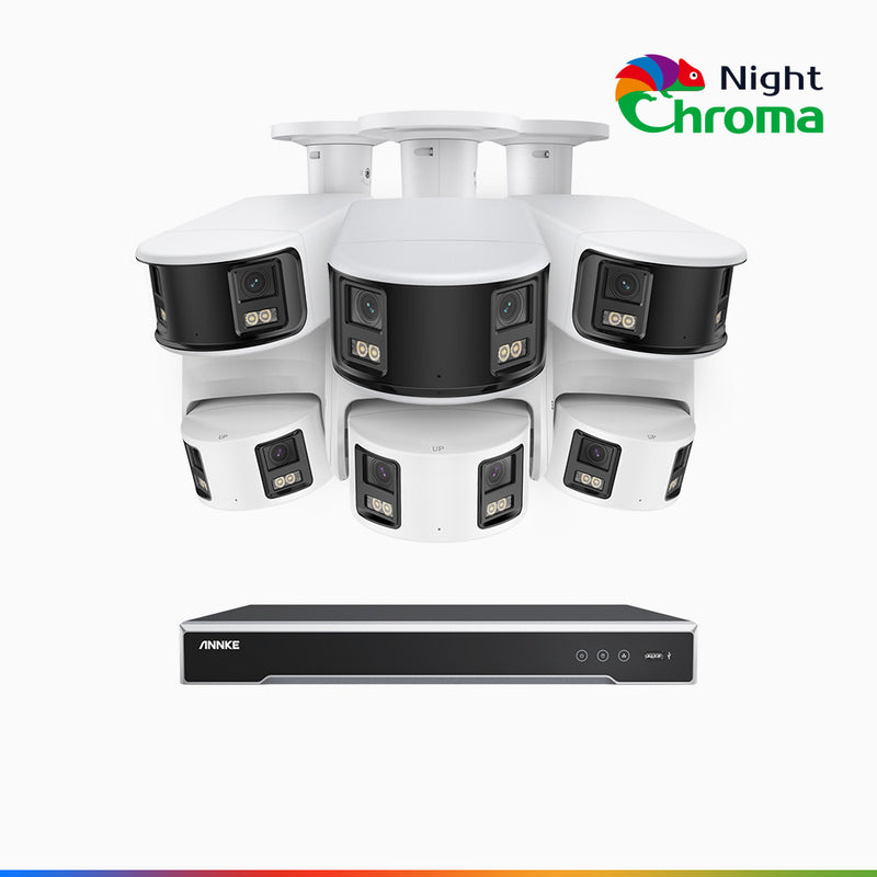 NightChroma<sup>TM</sup> NDK800 - 4K 8 Kanal PoE Panorama Überwachungskamera-Set mit 3 Bullet Kameras & 3 Turm Kameras, Doppelobjektiv, Farbnachtsicht, mit f/1.0 Super Aperture (0,0005 Lux), aktiver Sirene und Blitz, Personen-und Fahrzeugerkennung
