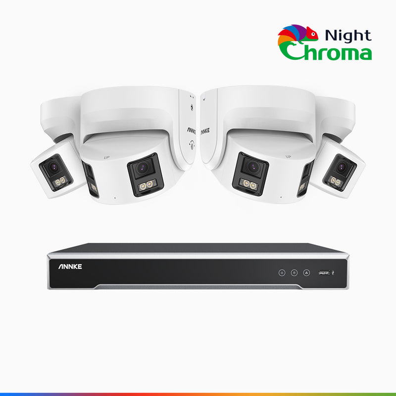 NightChroma<sup>TM</sup> NDK800 - 4K 8 Kanal PoE Panorama Überwachungskamera-Set mit 4 Kameras, Doppelobjektiv, Farbnachtsicht, mit f/1.0 Super Aperture (0,0005 Lux), aktiver Sirene und Blitz, Personen-und Fahrzeugerkennung