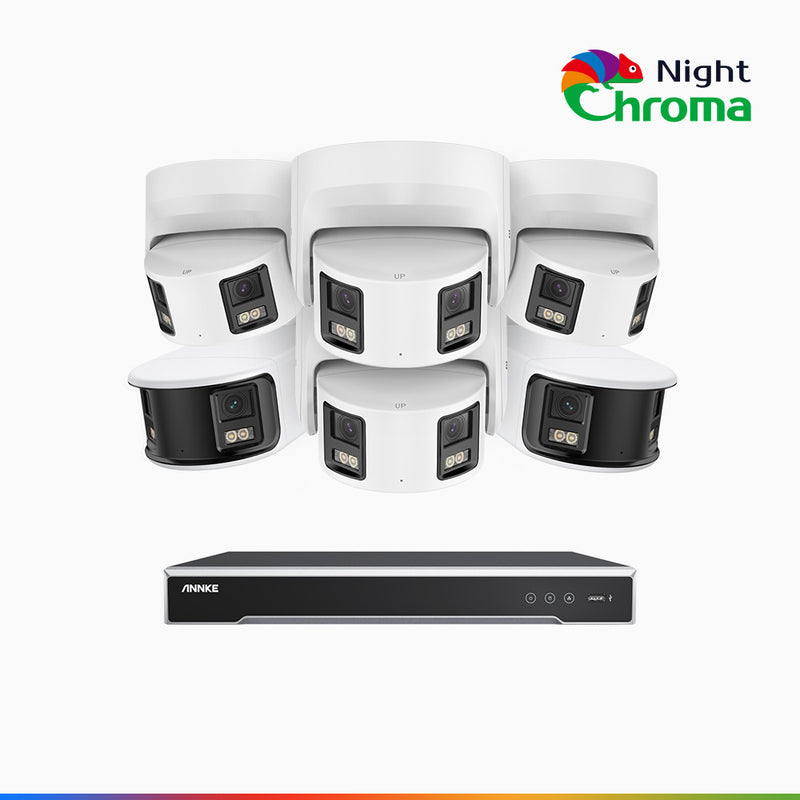 NightChroma<sup>TM</sup> NDK800 - 4K 8 Kanal PoE Panorama Überwachungskamera-Set mit 2 Bullet Kameras & 4 Turm Kameras, Doppelobjektiv, Farbnachtsicht, mit f/1.0 Super Aperture (0,0005 Lux), aktiver Sirene und Blitz, Personen-und Fahrzeugerkennung