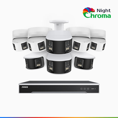 NightChroma<sup>TM</sup> NDK800 - 4K 8 Kanal PoE Panorama Überwachungskamera-Set mit 4 Bullet Kameras & 4 Turm Kameras, Doppelobjektiv, Farbnachtsicht, mit f/1.0 Super Aperture (0,0005 Lux), aktiver Sirene und Blitz, Personen-und Fahrzeugerkennung