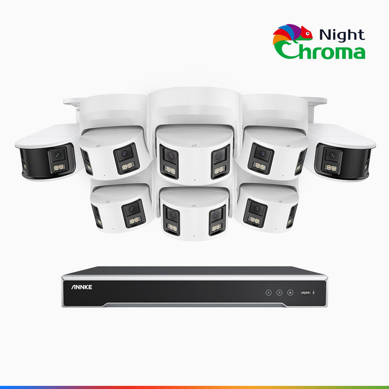 NightChroma<sup>TM</sup> NDK800 - 4K 8 Kanal PoE Panorama Überwachungskamera-Set mit 2 Bullet Kameras & 6 Turm Kameras, Doppelobjektiv, Farbnachtsicht, mit f/1.0 Super Aperture (0,0005 Lux), aktiver Sirene und Blitz, Personen-und Fahrzeugerkennung