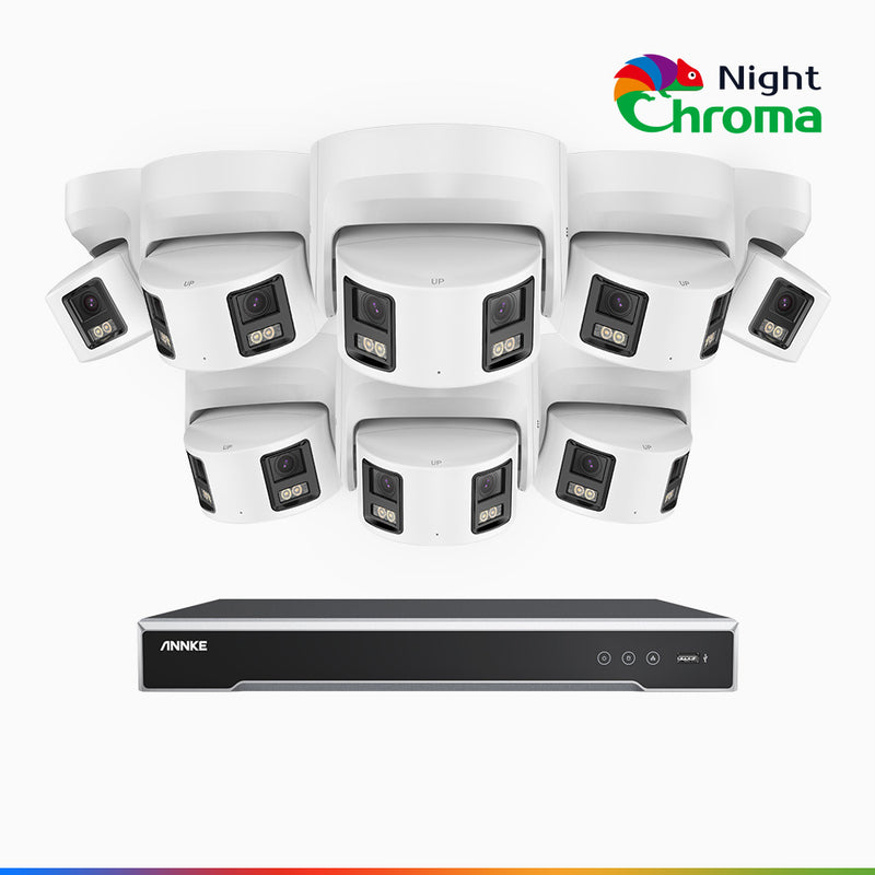 NightChroma<sup>TM</sup> NDK800 - 4K 8 Kanal PoE Panorama Überwachungskamera-Set mit 8 Kameras, Doppelobjektiv, Farbnachtsicht, mit f/1.0 Super Aperture (0,0005 Lux), aktiver Sirene und Blitz, Personen-und Fahrzeugerkennung