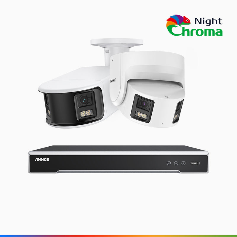 NightChroma<sup>TM</sup> NDK800 - 4K 8 Kanal PoE Panorama Überwachungskamera-Set mit 1 Bullet Kamera & 1 Turm Kamera, Doppelobjektiv, Farbnachtsicht, mit f/1.0 Super Aperture (0,0005 Lux), aktiver Sirene und Blitz, Personen-und Fahrzeugerkennung