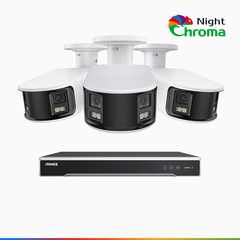 NightChroma<sup>TM</sup> NDK800 - 4K 8 Kanal PoE Panorama Überwachungskamera-Set mit 3 Kameras, Doppelobjektiv, Farbnachtsicht, mit f/1.0 Super Aperture (0,0005 Lux), aktiver Sirene und Blitz, Personen-und Fahrzeugerkennung