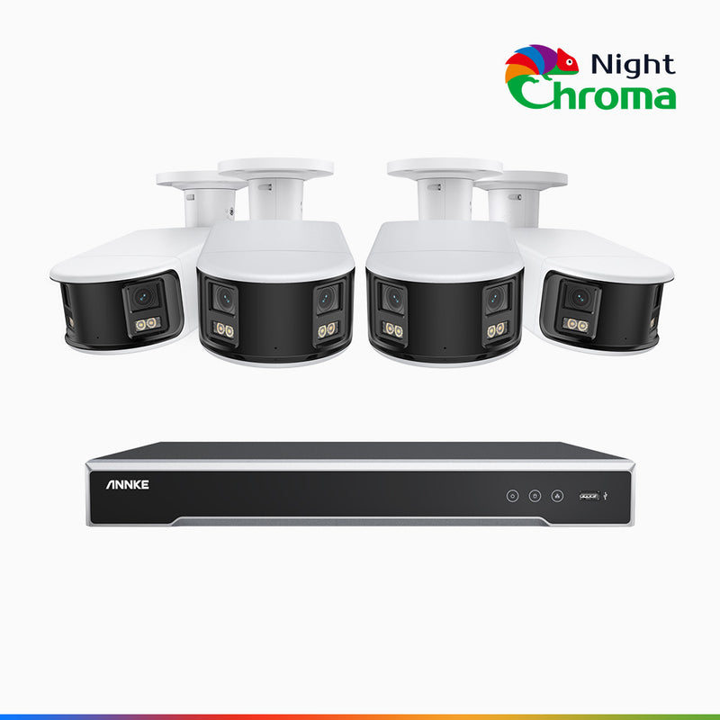 NightChroma<sup>TM</sup> NDK800 - 4K 8 Kanal PoE Panorama Überwachungskamera-Set mit 4 Kameras, Doppelobjektiv, Farbnachtsicht, mit f/1.0 Super Aperture (0,0005 Lux), aktiver Sirene und Blitz, Personen-und Fahrzeugerkennung