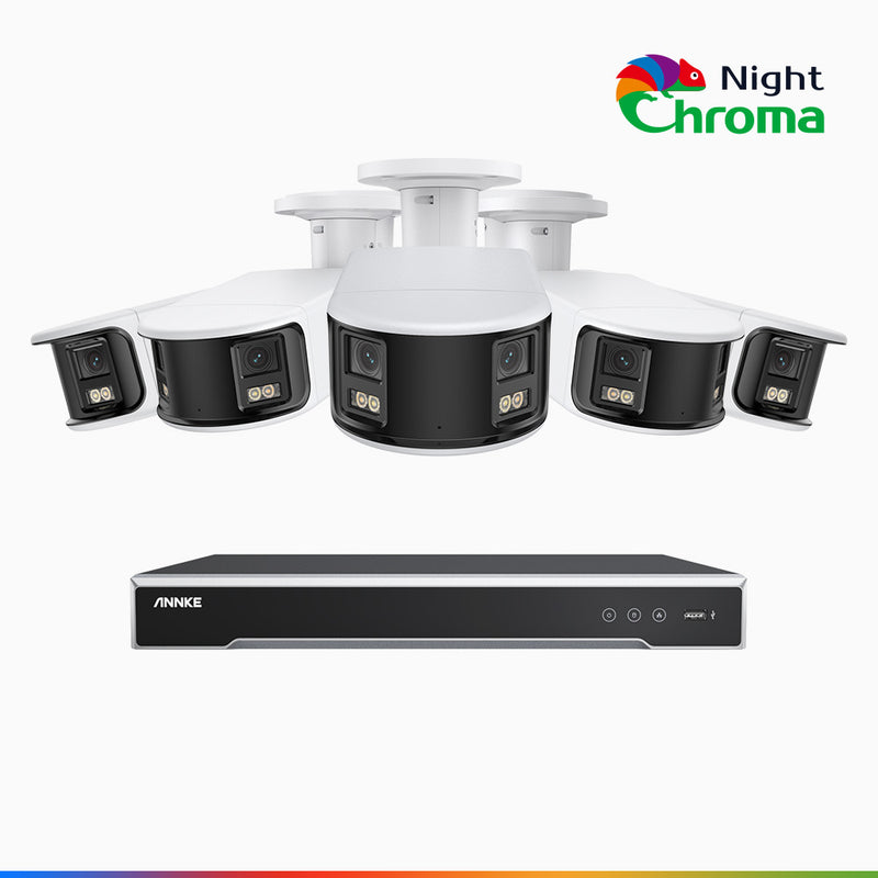 NightChroma<sup>TM</sup> NDK800 - 4K 8 Kanal PoE Panorama Überwachungskamera-Set mit 5 Kameras, Doppelobjektiv, Farbnachtsicht, mit f/1.0 Super Aperture (0,0005 Lux), aktiver Sirene und Blitz, Personen-und Fahrzeugerkennung