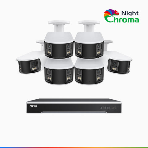 NightChroma<sup>TM</sup> NDK800 - 4K 8 Kanal PoE Panorama Überwachungskamera-Set mit 6 Kameras, Doppelobjektiv, Farbnachtsicht, mit f/1.0 Super Aperture (0,0005 Lux), aktiver Sirene und Blitz, Personen-und Fahrzeugerkennung