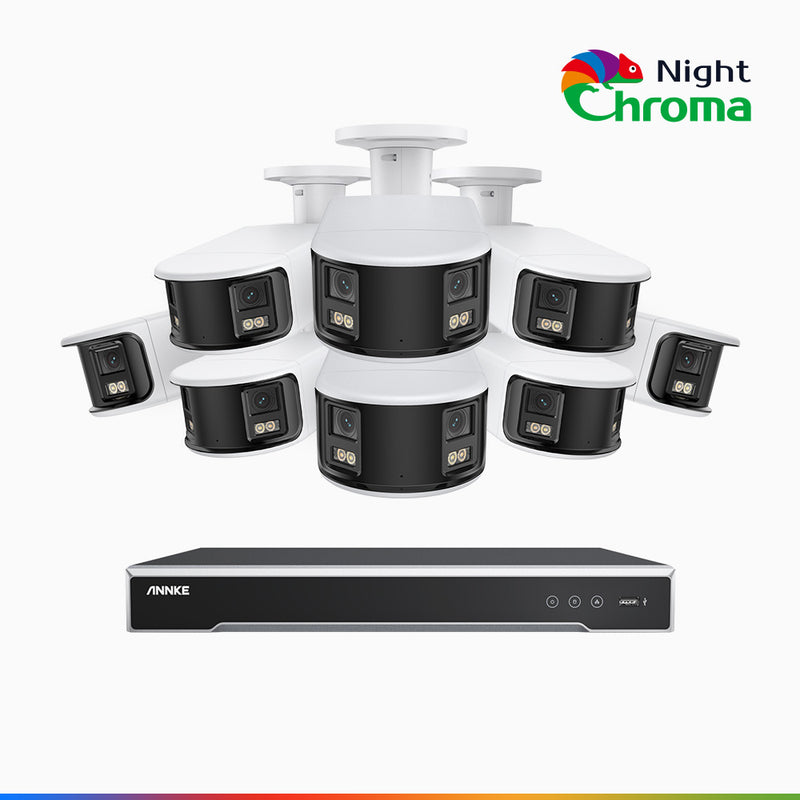 NightChroma<sup>TM</sup> NDK800 - 4K 8 Kanal PoE Panorama Überwachungskamera-Set mit 8 Kameras, Doppelobjektiv, Farbnachtsicht, mit f/1.0 Super Aperture (0,0005 Lux), aktiver Sirene und Blitz, Personen-und Fahrzeugerkennung
