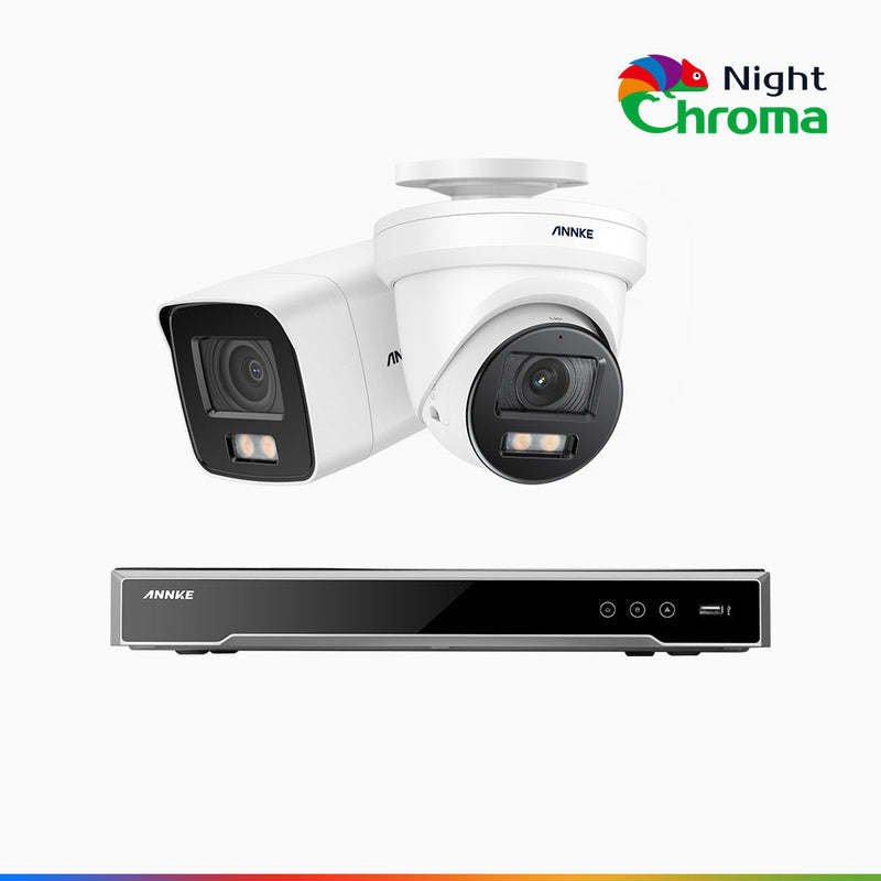 NightChroma<sup>TM</sup> NCK800 - 4K 8 Kanal PoE Überwachungskamera-Set mit 1 Bullet Kameras & 1 Turm Kameras, Farbnachtsicht, f/1.0 Superblende, 0.001 lx, Aktive Ausrichtung, Mit Mikrofon & SD-Kartensteckplatz