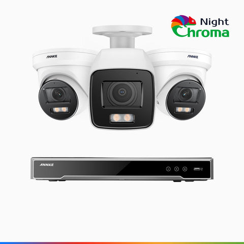 NightChroma<sup>TM</sup> NCK800 - 4K 8 Kanal PoE Überwachungskamera-Set mit 1 Bullet Kameras & 2 Turm Kameras, Farbnachtsicht, f/1.0 Superblende, 0.001 lx, Aktive Ausrichtung, Mit Mikrofon & SD-Kartensteckplatz