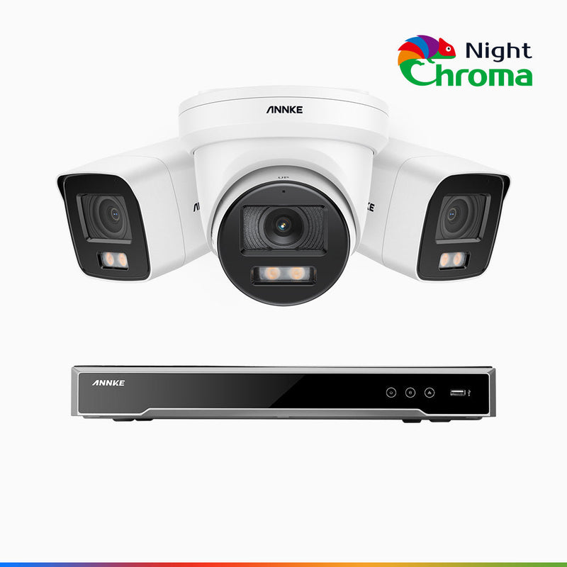 NightChroma<sup>TM</sup> NCK800 - 4K 8 Kanal PoE Überwachungskamera-Set mit 2 Bullet Kameras & 1 Turm Kameras, Farbnachtsicht, f/1.0 Superblende, 0.001 lx, Aktive Ausrichtung, Mit Mikrofon & SD-Kartensteckplatz