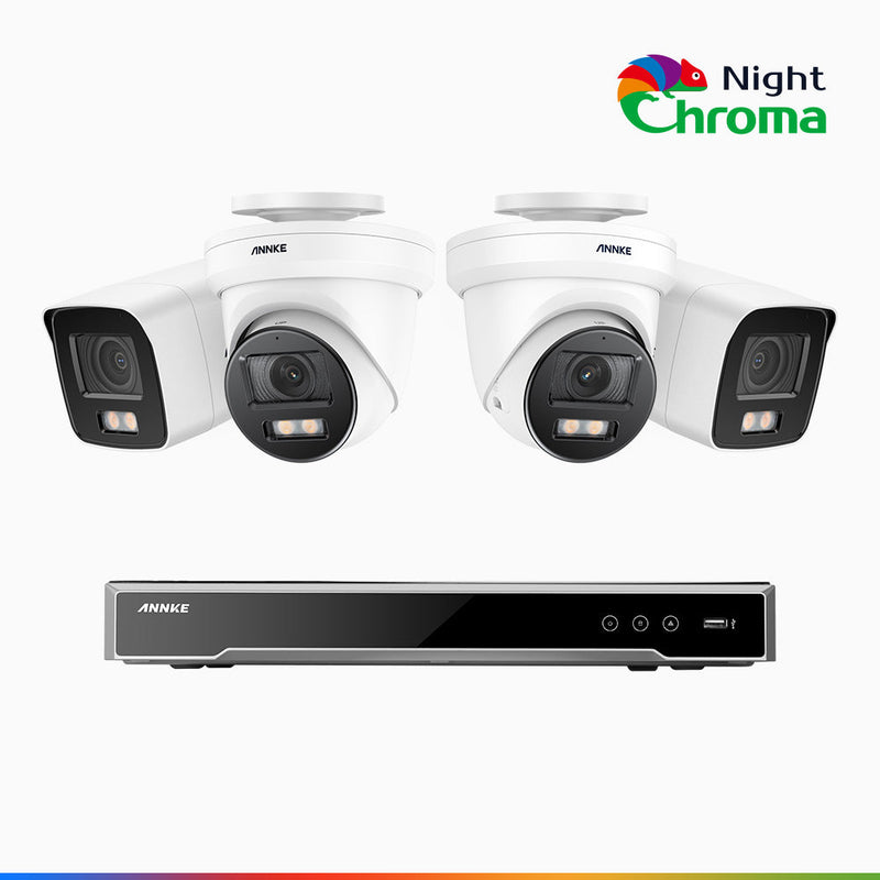 NightChroma<sup>TM</sup> NCK800 - 4K 8 Kanal PoE Überwachungskamera-Set mit 2 Bullet Kameras & 2 Turm Kameras, Farbnachtsicht, f/1.0 Superblende, 0.001 lx, Aktive Ausrichtung, Mit Mikrofon & SD-Kartensteckplatz