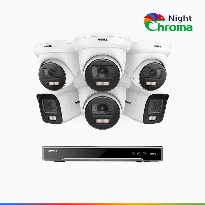 NightChroma<sup>TM</sup> NCK800 - 4K 8 Kanal PoE Überwachungskamera-Set mit 2 Bullet Kameras & 4 Turm Kameras, Farbnachtsicht, f/1.0 Superblende, 0.001 lx, Aktive Ausrichtung, Mit Mikrofon & SD-Kartensteckplatz
