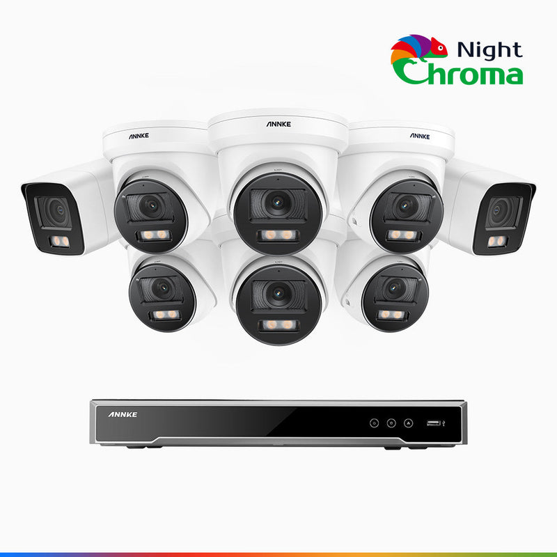 NightChroma<sup>TM</sup> NCK800 - 4K 8 Kanal PoE Überwachungskamera-Set mit 2 Bullet Kameras & 6 Turm Kameras, Farbnachtsicht, f/1.0 Superblende, 0.001 lx, Aktive Ausrichtung, Mit Mikrofon & SD-Kartensteckplatz
