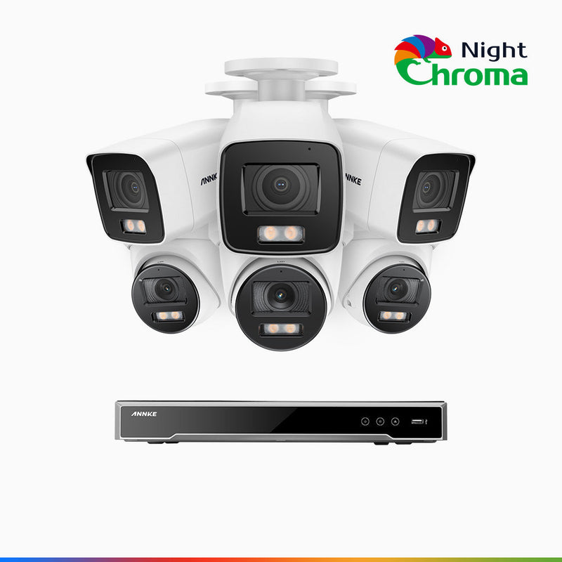 NightChroma<sup>TM</sup> NCK800 - 4K 8 Kanal PoE Überwachungskamera-Set mit 3 Bullet Kameras & 3 Turm Kameras, Farbnachtsicht, f/1.0 Superblende, 0.001 lx, Aktive Ausrichtung, Mit Mikrofon & SD-Kartensteckplatz