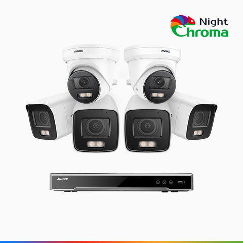 NightChroma<sup>TM</sup> NCK800 - 4K 8 Kanal PoE Überwachungskamera-Set mit 4 Bullet Kameras & 2 Turm Kameras, Farbnachtsicht, f/1.0 Superblende, 0.001 lx, Aktive Ausrichtung, Mit Mikrofon & SD-Kartensteckplatz