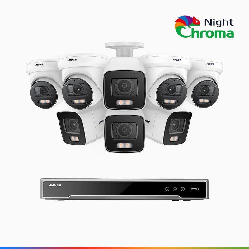 NightChroma<sup>TM</sup> NCK800 - 4K 8 Kanal PoE Überwachungskamera-Set mit 4 Bullet Kameras & 4 Turm Kameras, Farbnachtsicht, f/1.0 Superblende, 0.001 lx, Aktive Ausrichtung, Mit Mikrofon & SD-Kartensteckplatz