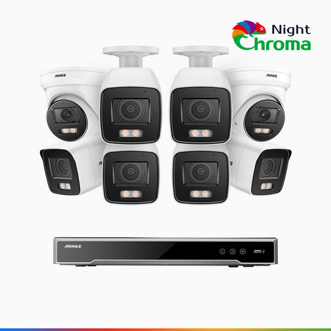 NightChroma<sup>TM</sup> NCK800 - 4K 8 Kanal PoE Überwachungskamera-Set mit 6 Bullet Kameras & 2 Turm Kameras, Farbnachtsicht, f/1.0 Superblende, 0.001 lx, Aktive Ausrichtung, Mit Mikrofon & SD-Kartensteckplatz