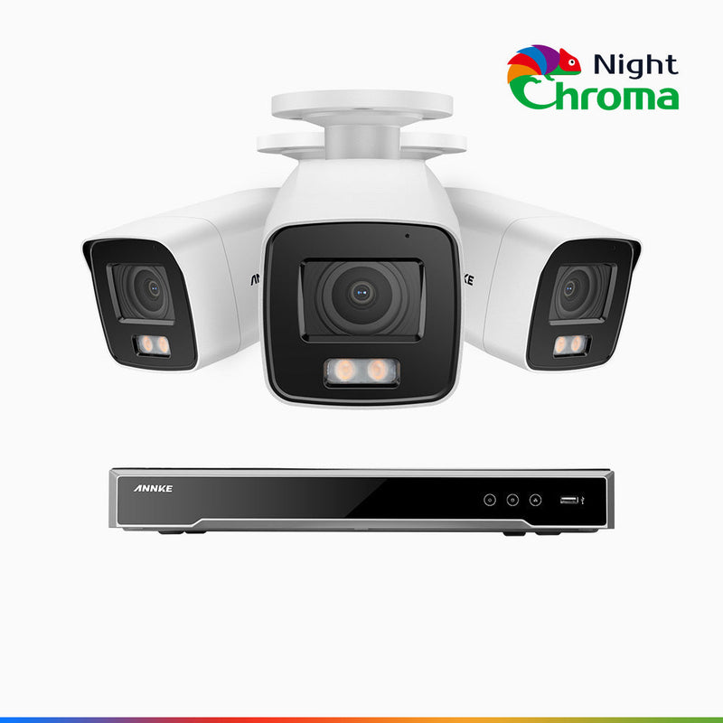 NightChroma<sup>TM</sup> NCK800 - 4K 8 Kanal PoE Überwachungskamera-Set mit 3 Kameras, Farbnachtsicht, f/1.0 Superblende, 0.001 lx, Aktive Ausrichtung, Mit Mikrofon & SD-Kartensteckplatz