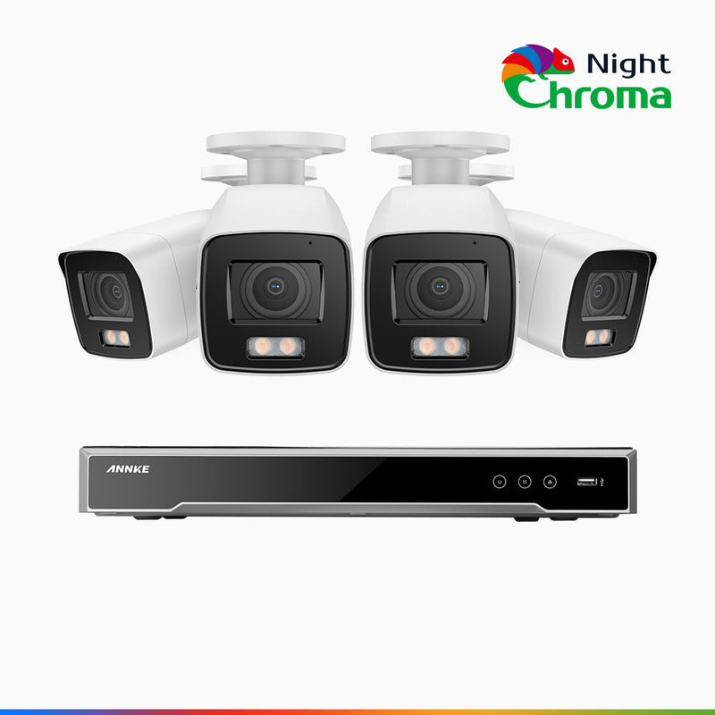 NightChroma<sup>TM</sup> NCK800 - 4K 8 Kanal PoE Überwachungskamera-Set mit 4 Kameras, Farbnachtsicht, f/1.0 Superblende, 0.001 lx, Aktive Ausrichtung, Mit Mikrofon & SD-Kartensteckplatz