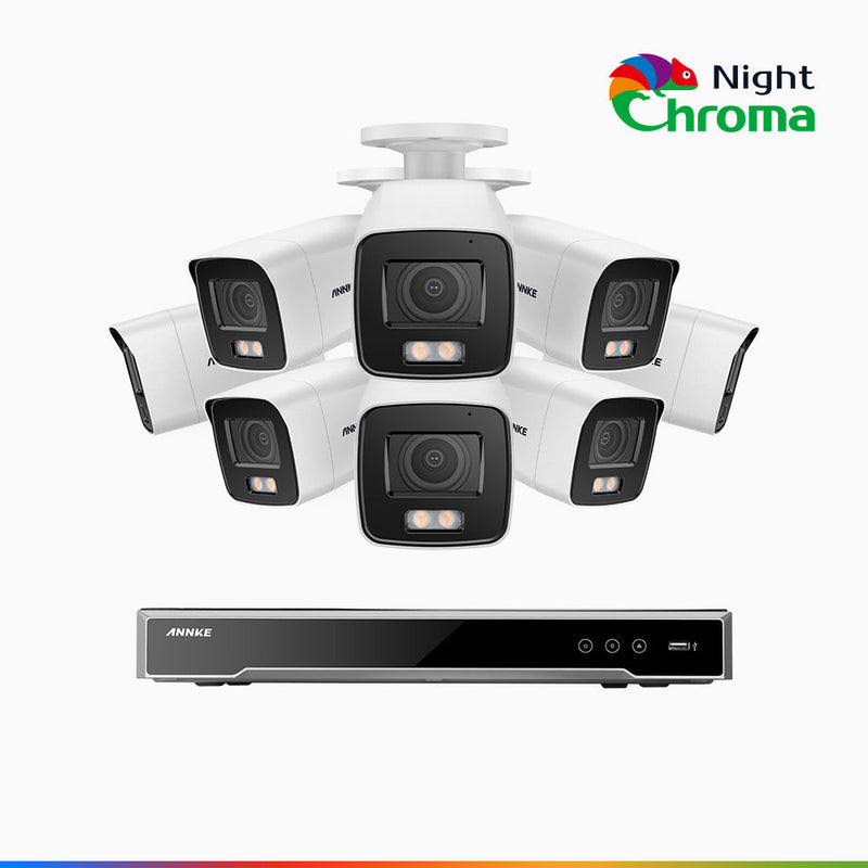 NightChroma<sup>TM</sup> NCK800 - 4K 8 Kanal PoE Überwachungskamera-Set mit 8 Kameras, Farbnachtsicht, f/1.0 Superblende, 0.001 lx, Aktive Ausrichtung, Mit Mikrofon & SD-Kartensteckplatz