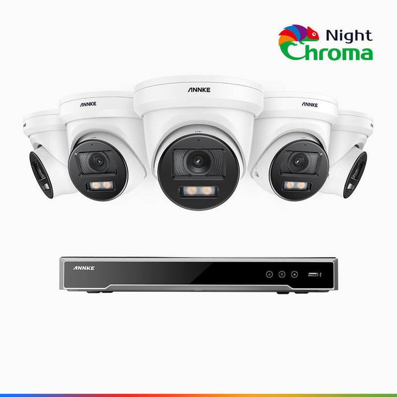 NightChroma<sup>TM</sup> NCK800 - 4K 8 Kanal PoE Überwachungskamera-Set mit 5 Kameras, Farbnachtsicht, f/1.0 Superblende, 0.001 lx, Aktive Ausrichtung, Mit Mikrofon & SD-Kartensteckplatz