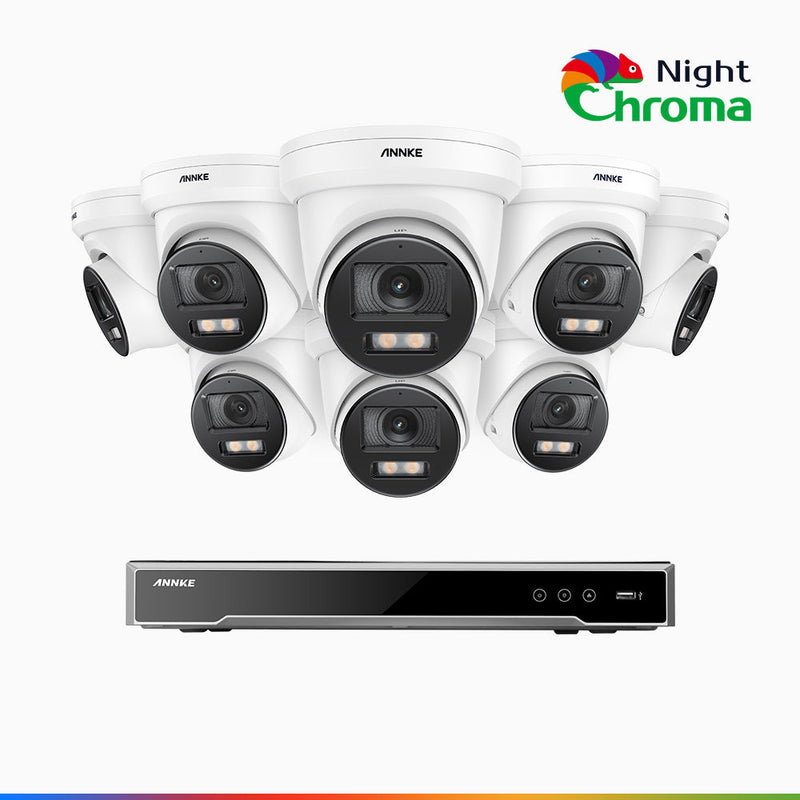 NightChroma<sup>TM</sup> NCK800 - 4K 8 Kanal PoE Überwachungskamera-Set mit 8 Kameras, Farbnachtsicht, f/1.0 Superblende, 0.001 lx, Aktive Ausrichtung, Mit Mikrofon & SD-Kartensteckplatz