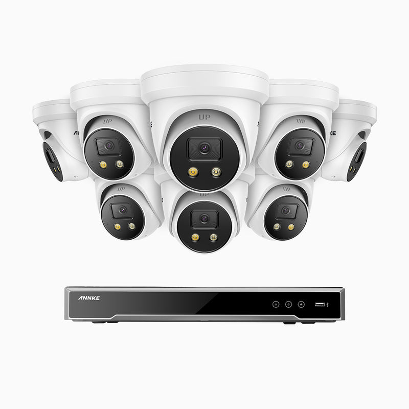 AH800 - 4K 8 Kanal PoE Überwachungskamera-Set mit 8 Kameras, 1/1.8'' BSI Sensor, f/1.6 Aperture (0.003 Lux), alarmierung mit sirene und blitzlicht, 2CH 4K-Dekodierungsfunktion, personen- und fahrzeugerkennung, perimeterschutz