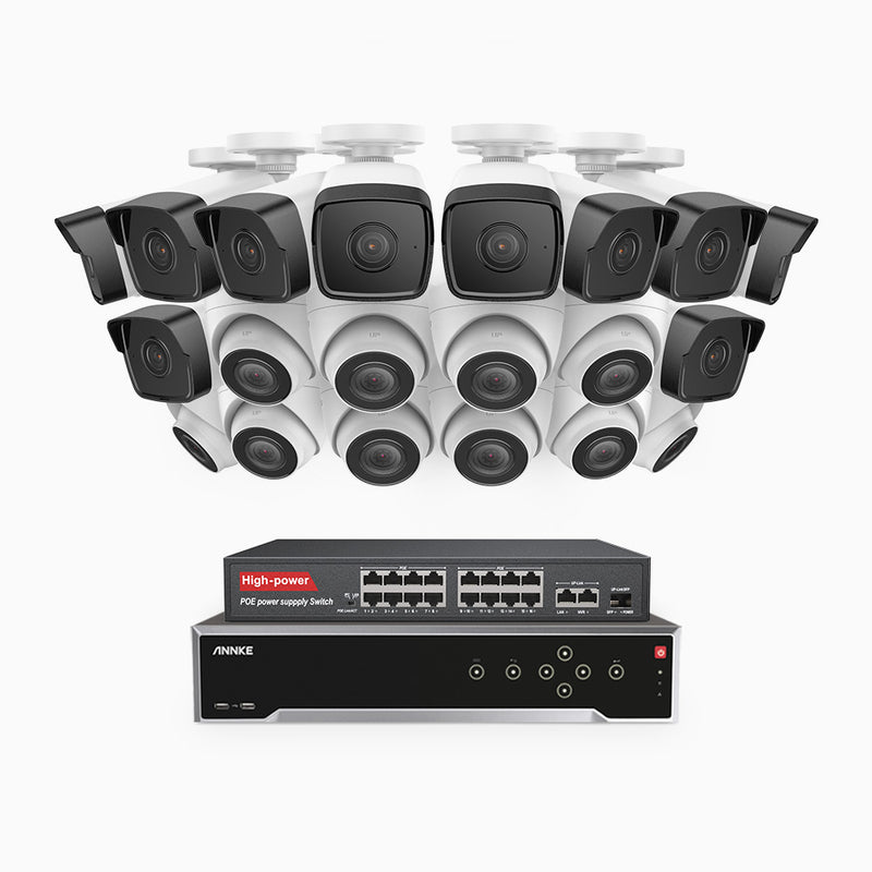 H500 - 5MP 32 Kanal PoE Überwachungskamera-Set mit 10 Bullet Kameras & 10 Turm Kameras, Eingebautes Mikrofon & SD-Kartensteckplatz, funktioniert mit Alexa, Inklusive 16-Port-PoE-Switch, EXIR Nachtsicht 2.0, IP67