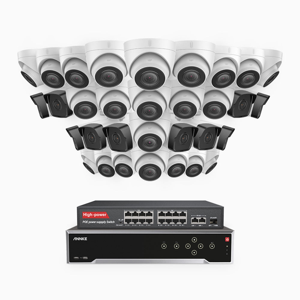 H500 - 3K 32 Kanal PoE Überwachungskamera-Set mit 10 Bullet Kameras & 22 Turm Kameras, Eingebautes Mikrofon & SD-Kartensteckplatz, funktioniert mit Alexa, Inklusive 16-Port-PoE-Switch, EXIR Nachtsicht 2.0, IP67