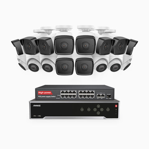 H500 - 5MP 32 Kanal PoE Überwachungskamera-Set mit 10 Bullet Kameras & 6 Turm Kameras, Eingebautes Mikrofon & SD-Kartensteckplatz, funktioniert mit Alexa, Inklusive 16-Port-PoE-Switch, EXIR Nachtsicht 2.0, IP67
