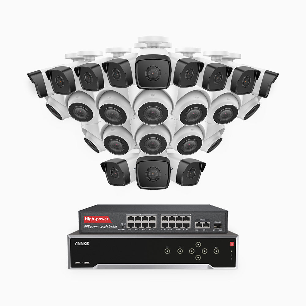 H500 - 3K 32 Kanal PoE Überwachungskamera-Set mit 12 Bullet Kameras & 12 Turm Kameras, Eingebautes Mikrofon & SD-Kartensteckplatz, funktioniert mit Alexa, Inklusive 16-Port-PoE-Switch, EXIR Nachtsicht 2.0, IP67