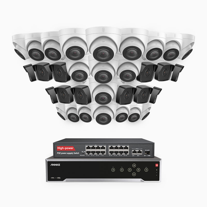 H500 - 5MP 32 Kanal PoE Überwachungskamera-Set mit 12 Bullet Kameras & 20 Turm Kameras, Eingebautes Mikrofon & SD-Kartensteckplatz, funktioniert mit Alexa, Inklusive 16-Port-PoE-Switch, EXIR Nachtsicht 2.0, IP67