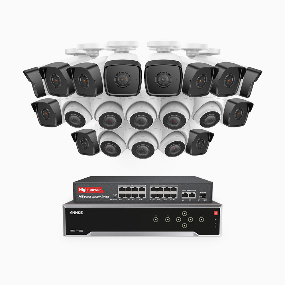 H500 - 3K 32 Kanal PoE Überwachungskamera-Set mit 12 Bullet Kameras & 8 Turm Kameras, Eingebautes Mikrofon & SD-Kartensteckplatz, funktioniert mit Alexa, Inklusive 16-Port-PoE-Switch, EXIR Nachtsicht 2.0, IP67