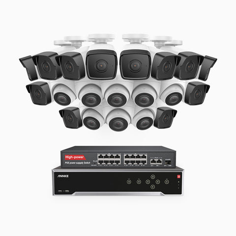 H500 - 5MP 32 Kanal PoE Überwachungskamera-Set mit 12 Bullet Kameras & 8 Turm Kameras, Eingebautes Mikrofon & SD-Kartensteckplatz, funktioniert mit Alexa, Inklusive 16-Port-PoE-Switch, EXIR Nachtsicht 2.0, IP67