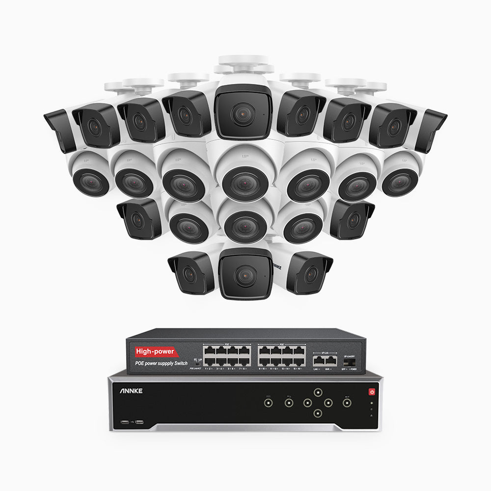 H500 - 3K 32 Kanal PoE Überwachungskamera-Set mit 14 Bullet Kameras & 10 Turm Kameras, Eingebautes Mikrofon & SD-Kartensteckplatz, funktioniert mit Alexa, Inklusive 16-Port-PoE-Switch, EXIR Nachtsicht 2.0, IP67