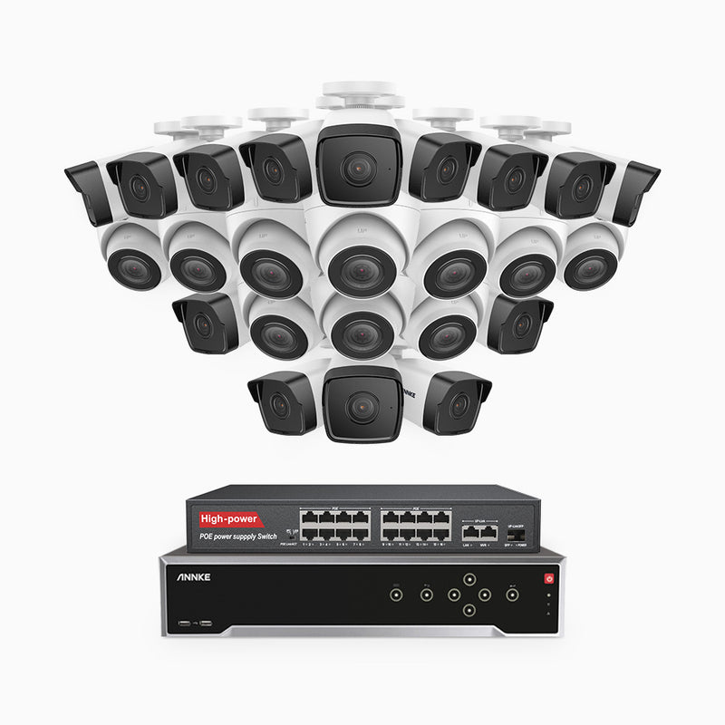 H500 - 5MP 32 Kanal PoE Überwachungskamera-Set mit 14 Bullet Kameras & 10 Turm Kameras, Eingebautes Mikrofon & SD-Kartensteckplatz, funktioniert mit Alexa, Inklusive 16-Port-PoE-Switch, EXIR Nachtsicht 2.0, IP67