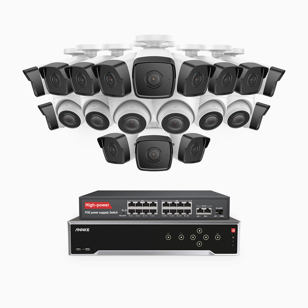 H500 - 3K 32 Kanal PoE Überwachungskamera-Set mit 14 Bullet Kameras & 6 Turm Kameras, Eingebautes Mikrofon & SD-Kartensteckplatz, funktioniert mit Alexa, Inklusive 16-Port-PoE-Switch, EXIR Nachtsicht 2.0, IP67