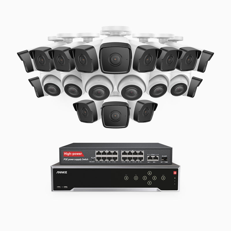 H500 - 5MP 32 Kanal PoE Überwachungskamera-Set mit 14 Bullet Kameras & 6 Turm Kameras, Eingebautes Mikrofon & SD-Kartensteckplatz, funktioniert mit Alexa, Inklusive 16-Port-PoE-Switch, EXIR Nachtsicht 2.0, IP67