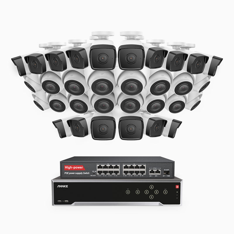 H500 - 5MP 32 Kanal PoE Überwachungskamera-Set mit 16 Bullet Kameras & 16 Turm Kameras, Eingebautes Mikrofon & SD-Kartensteckplatz, funktioniert mit Alexa, Inklusive 16-Port-PoE-Switch, EXIR Nachtsicht 2.0, IP67