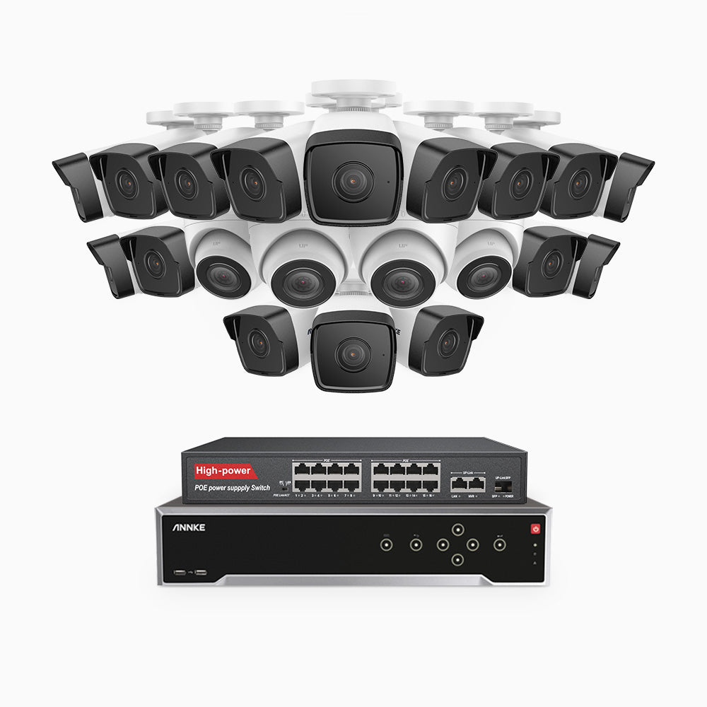 H500 - 3K 32 Kanal PoE Überwachungskamera-Set mit 16 Bullet Kameras & 4 Turm Kameras, Eingebautes Mikrofon & SD-Kartensteckplatz, funktioniert mit Alexa, Inklusive 16-Port-PoE-Switch, EXIR Nachtsicht 2.0, IP67