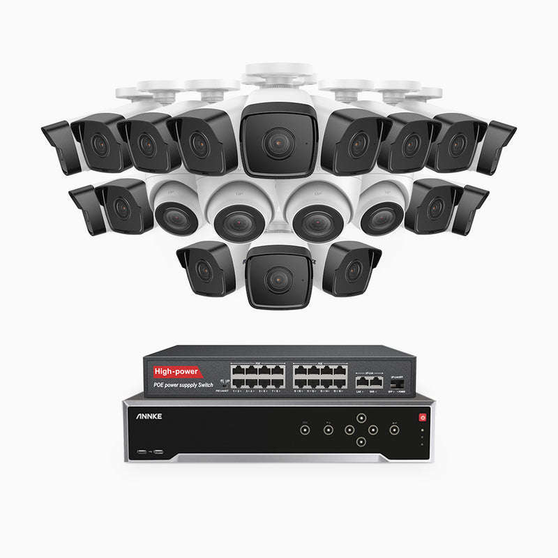 H500 - 5MP 32 Kanal PoE Überwachungskamera-Set mit 16 Bullet Kameras & 4 Turm Kameras, Eingebautes Mikrofon & SD-Kartensteckplatz, funktioniert mit Alexa, Inklusive 16-Port-PoE-Switch, EXIR Nachtsicht 2.0, IP67