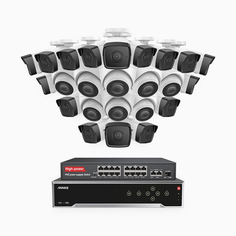 H500 - 5MP 32 Kanal PoE Überwachungskamera-Set mit 16 Bullet Kameras & 8 Turm Kameras, Eingebautes Mikrofon & SD-Kartensteckplatz, funktioniert mit Alexa, Inklusive 16-Port-PoE-Switch, EXIR Nachtsicht 2.0, IP67