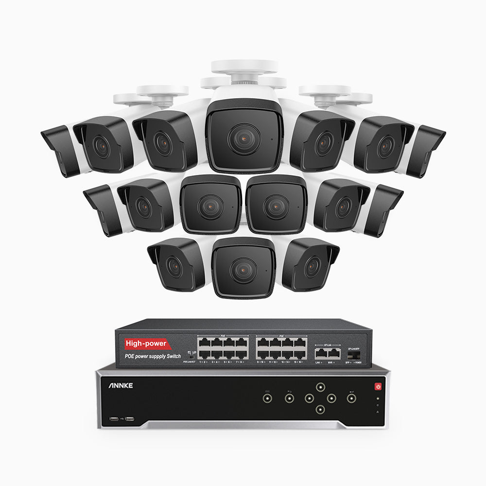 H500 - 3K 32 Kanal PoE Überwachungskamera-Set mit 16 Kameras, Eingebautes Mikrofon & SD-Kartensteckplatz, funktioniert mit Alexa, Inklusive 16-Port-PoE-Switch, EXIR Nachtsicht 2.0, IP67