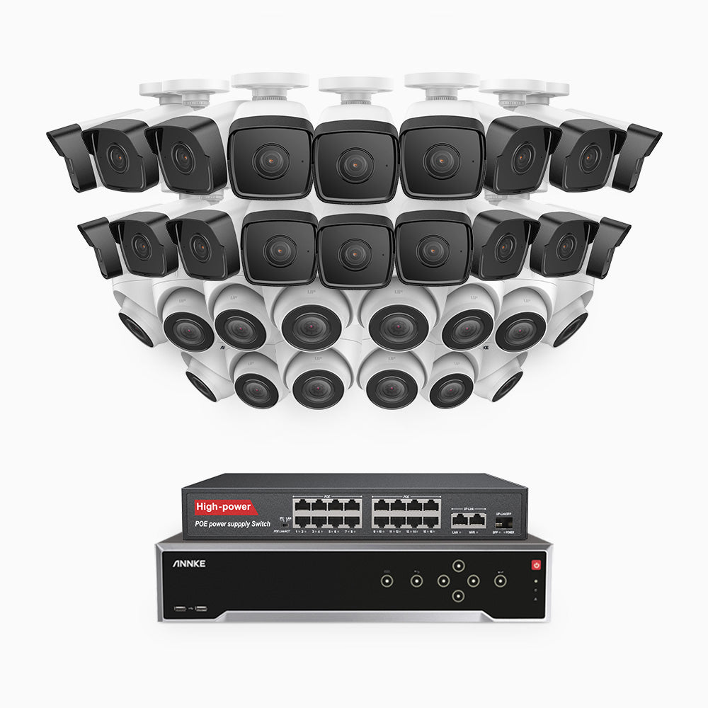 H500 - 3K 32 Kanal PoE Überwachungskamera-Set mit 18 Bullet Kameras & 14 Turm Kameras, Eingebautes Mikrofon & SD-Kartensteckplatz, funktioniert mit Alexa, Inklusive 16-Port-PoE-Switch, EXIR Nachtsicht 2.0, IP67