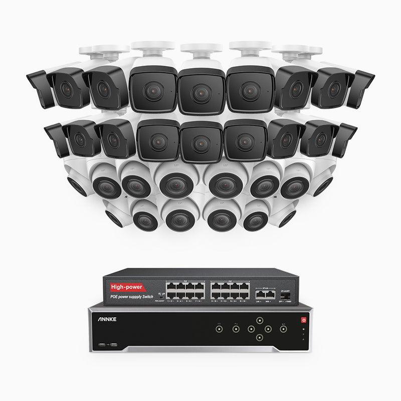 H500 - 5MP 32 Kanal PoE Überwachungskamera-Set mit 18 Bullet Kameras & 14 Turm Kameras, Eingebautes Mikrofon & SD-Kartensteckplatz, funktioniert mit Alexa, Inklusive 16-Port-PoE-Switch, EXIR Nachtsicht 2.0, IP67