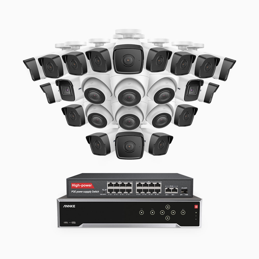 H500 - 3K 32 Kanal PoE Überwachungskamera-Set mit 18 Bullet Kameras & 6 Turm Kameras, Eingebautes Mikrofon & SD-Kartensteckplatz, funktioniert mit Alexa, Inklusive 16-Port-PoE-Switch, EXIR Nachtsicht 2.0, IP67