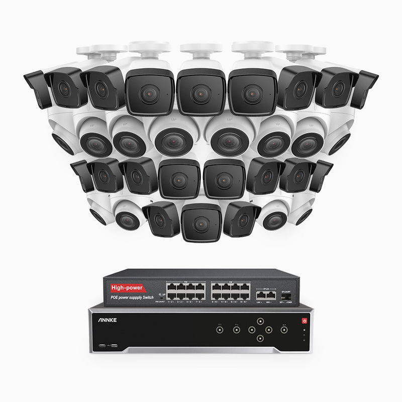 H500 - 5MP 32 Kanal PoE Überwachungskamera-Set mit 20 Bullet Kameras & 12 Turm Kameras, Eingebautes Mikrofon & SD-Kartensteckplatz, funktioniert mit Alexa, Inklusive 16-Port-PoE-Switch, EXIR Nachtsicht 2.0, IP67