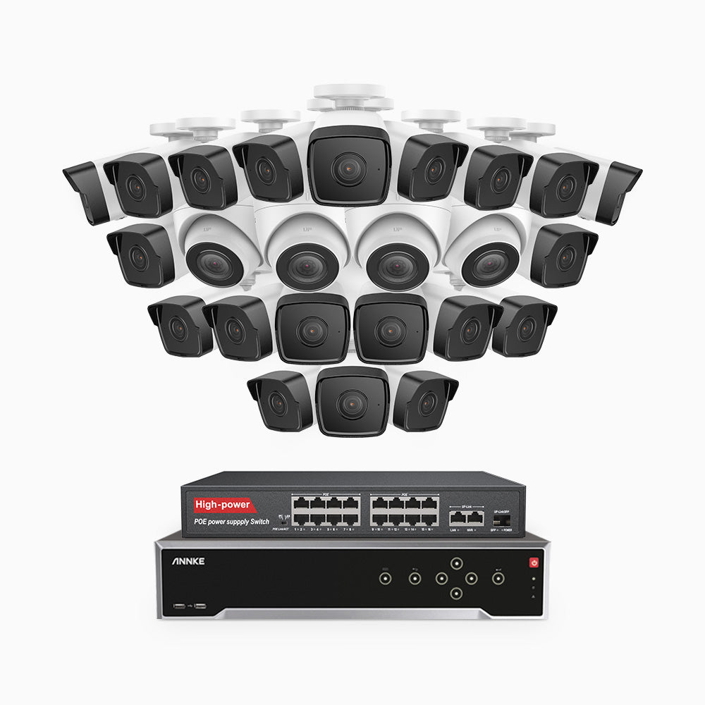 H500 - 3K 32 Kanal PoE Überwachungskamera-Set mit 20 Bullet Kameras & 4 Turm Kameras, Eingebautes Mikrofon & SD-Kartensteckplatz, funktioniert mit Alexa, Inklusive 16-Port-PoE-Switch, EXIR Nachtsicht 2.0, IP67