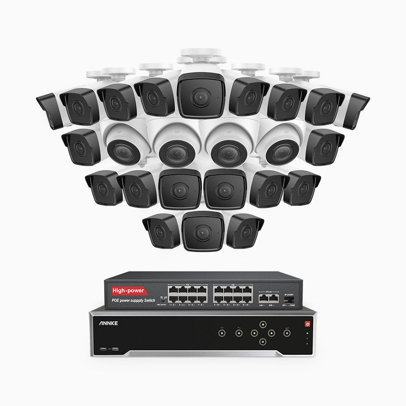 H500 - 5MP 32 Kanal PoE Überwachungskamera-Set mit 20 Bullet Kameras & 4 Turm Kameras, Eingebautes Mikrofon & SD-Kartensteckplatz, funktioniert mit Alexa, Inklusive 16-Port-PoE-Switch, EXIR Nachtsicht 2.0, IP67